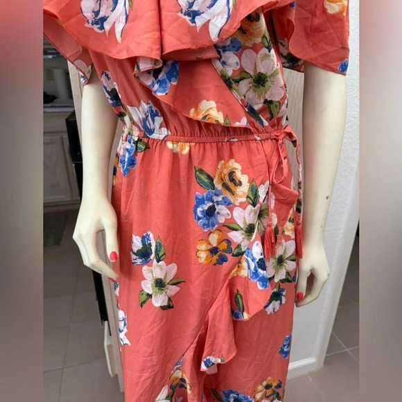 HINT OF BLUSH CORAL FLORAL PRINT OFF THE SHOULDER FAUX WRAP RUFFLE MAXI DRESS L - Picture 6 of 16